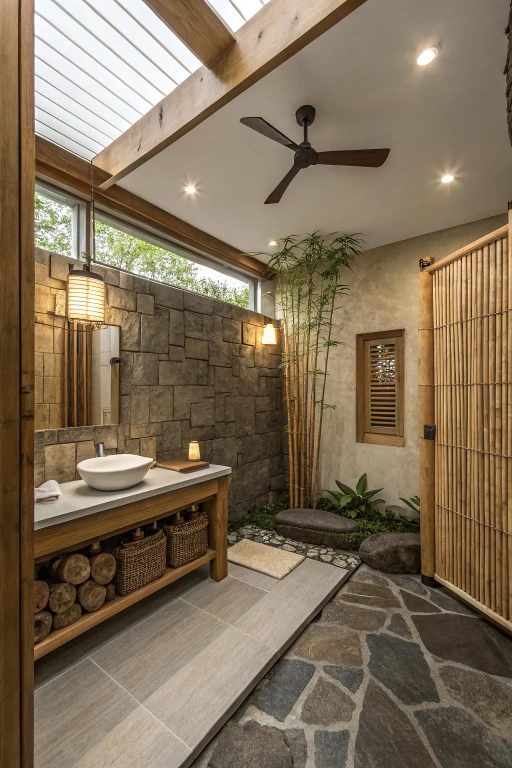 A zen-inspired bathroom showcasing a fan using innate materials.