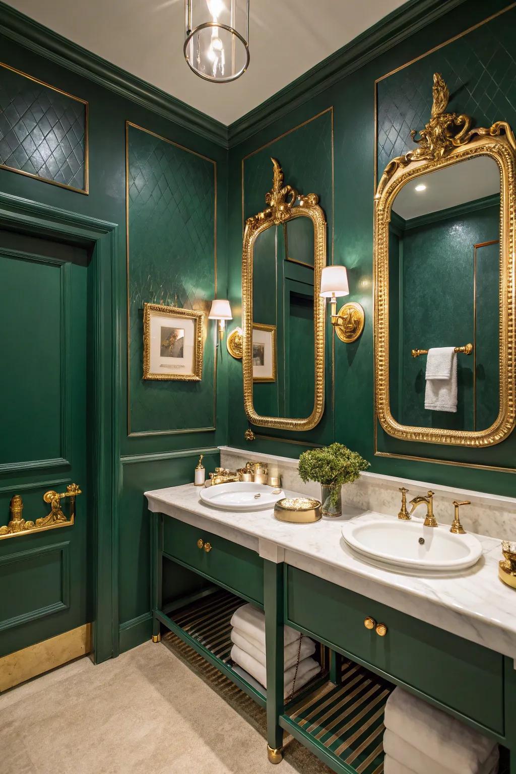 Teal walls add a vibrant and luxurious touch to the bathroom.