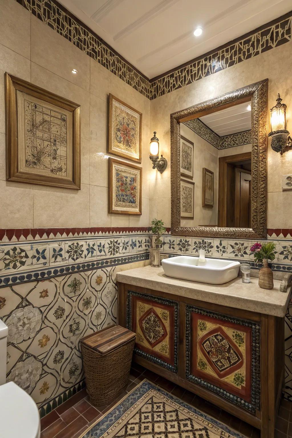 A culturally inspired bathroom with rich hues and motifs.
