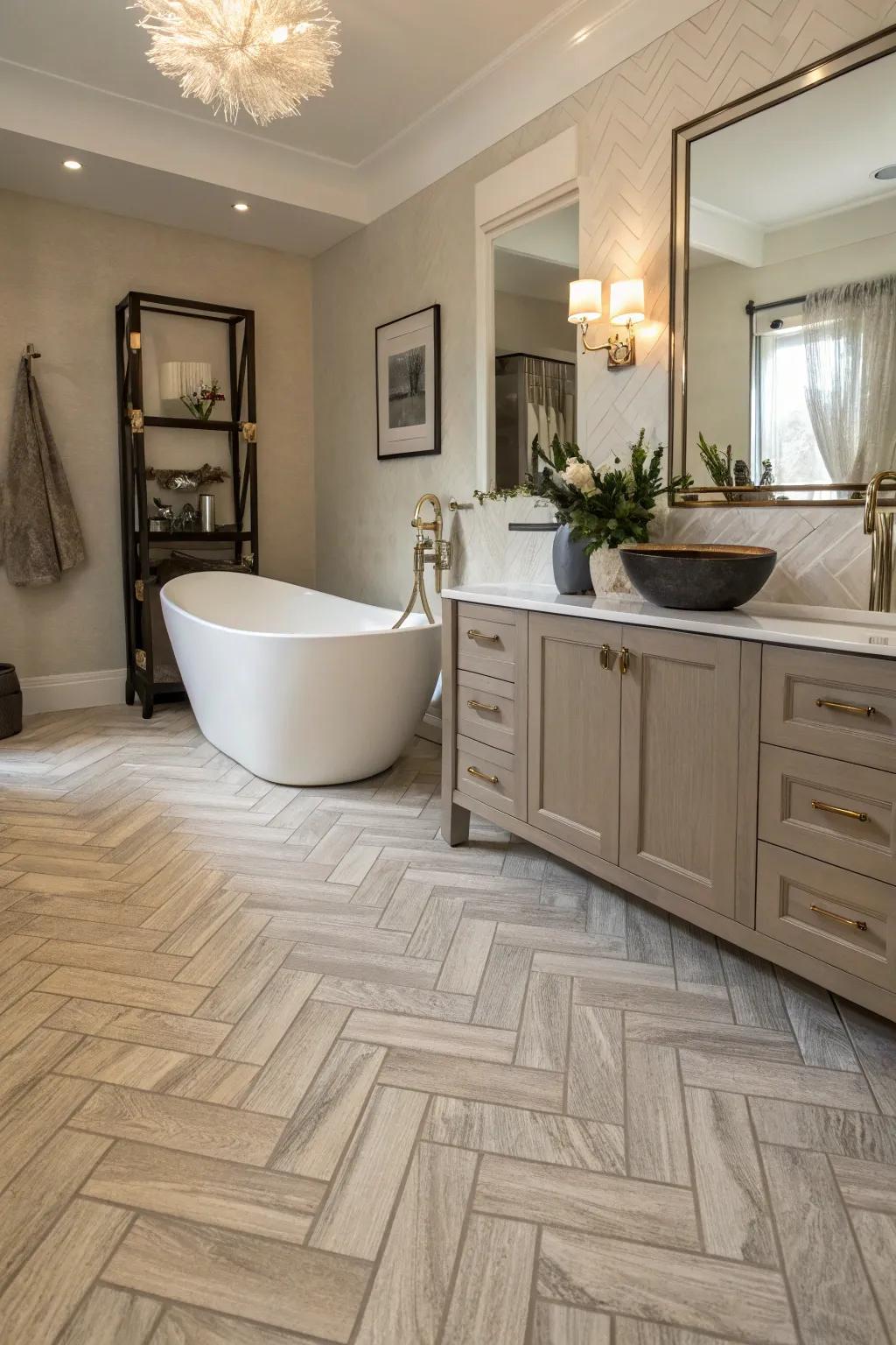 Herringbone resilient flooring adds beauty and sophistication to this bathroom.