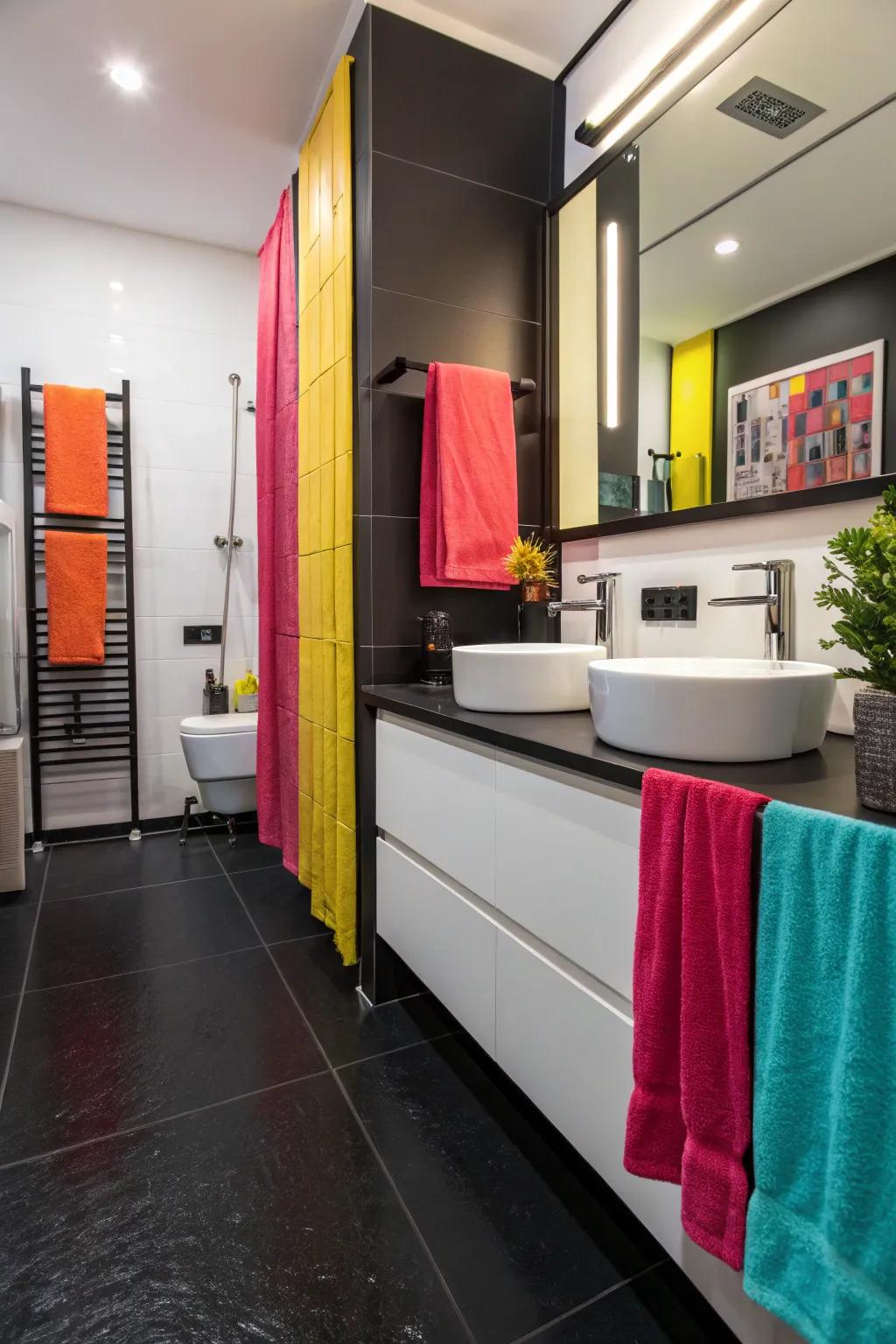 Eye-catching hues add personality and vibrance to the black floor.