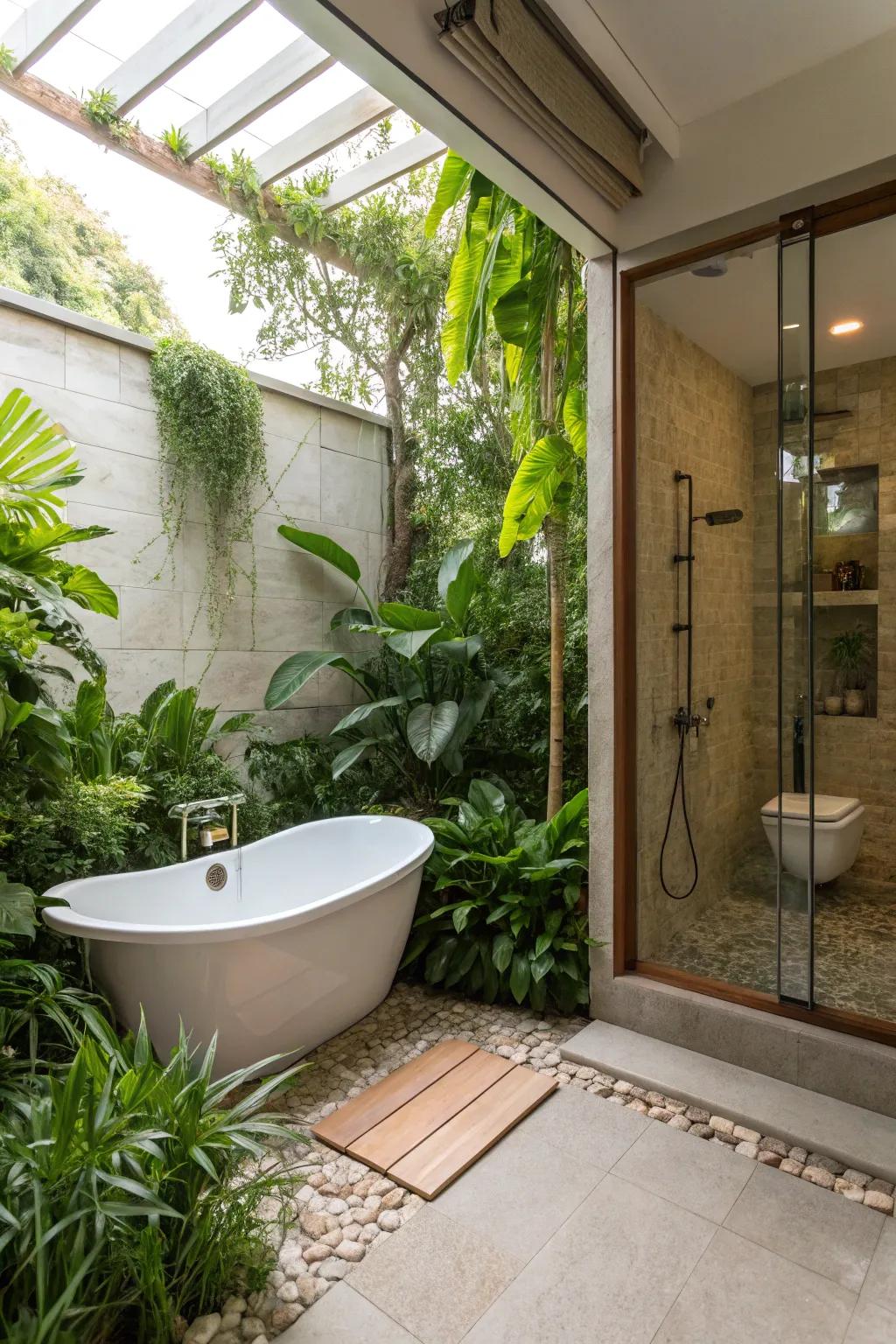 Greenery contributing a fresh and inviting ambiance to the bathroom.