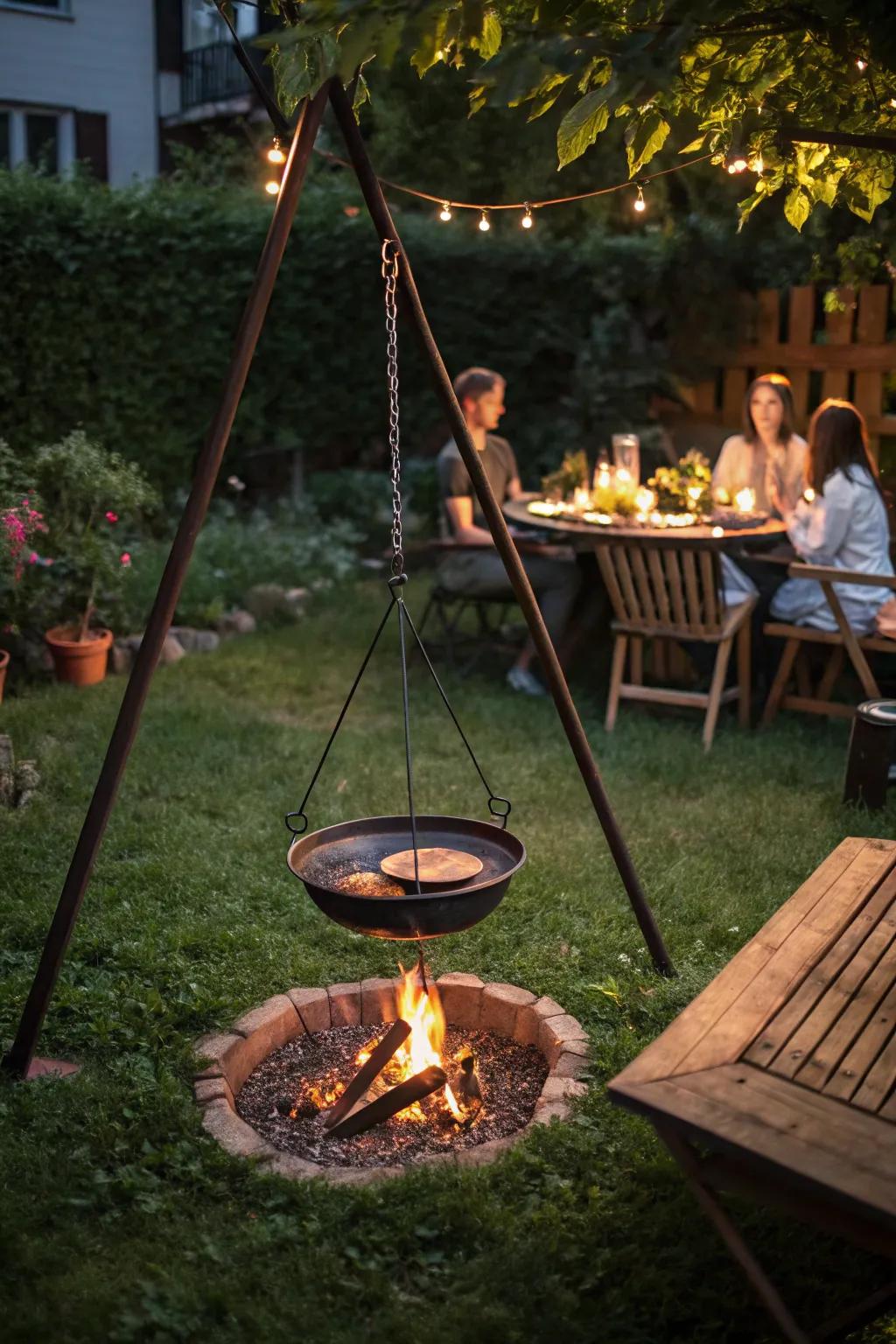 Unique hanging cooker for a playful outdoor setting.