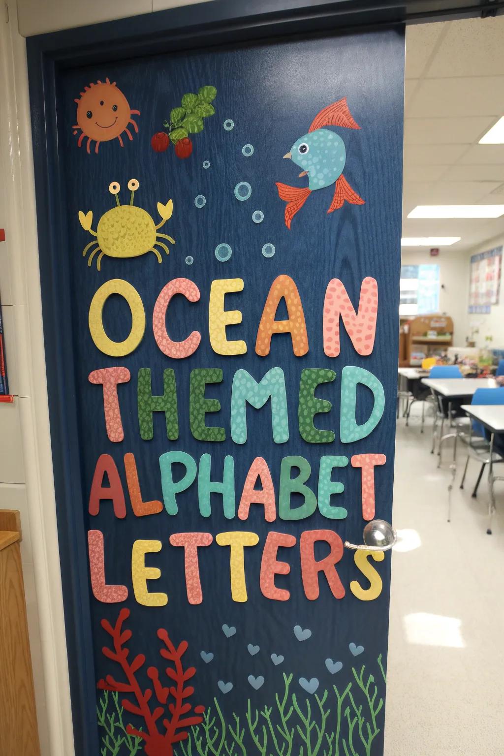 Ocean-themed script letters on a classroom entrance for a fun learning tool.