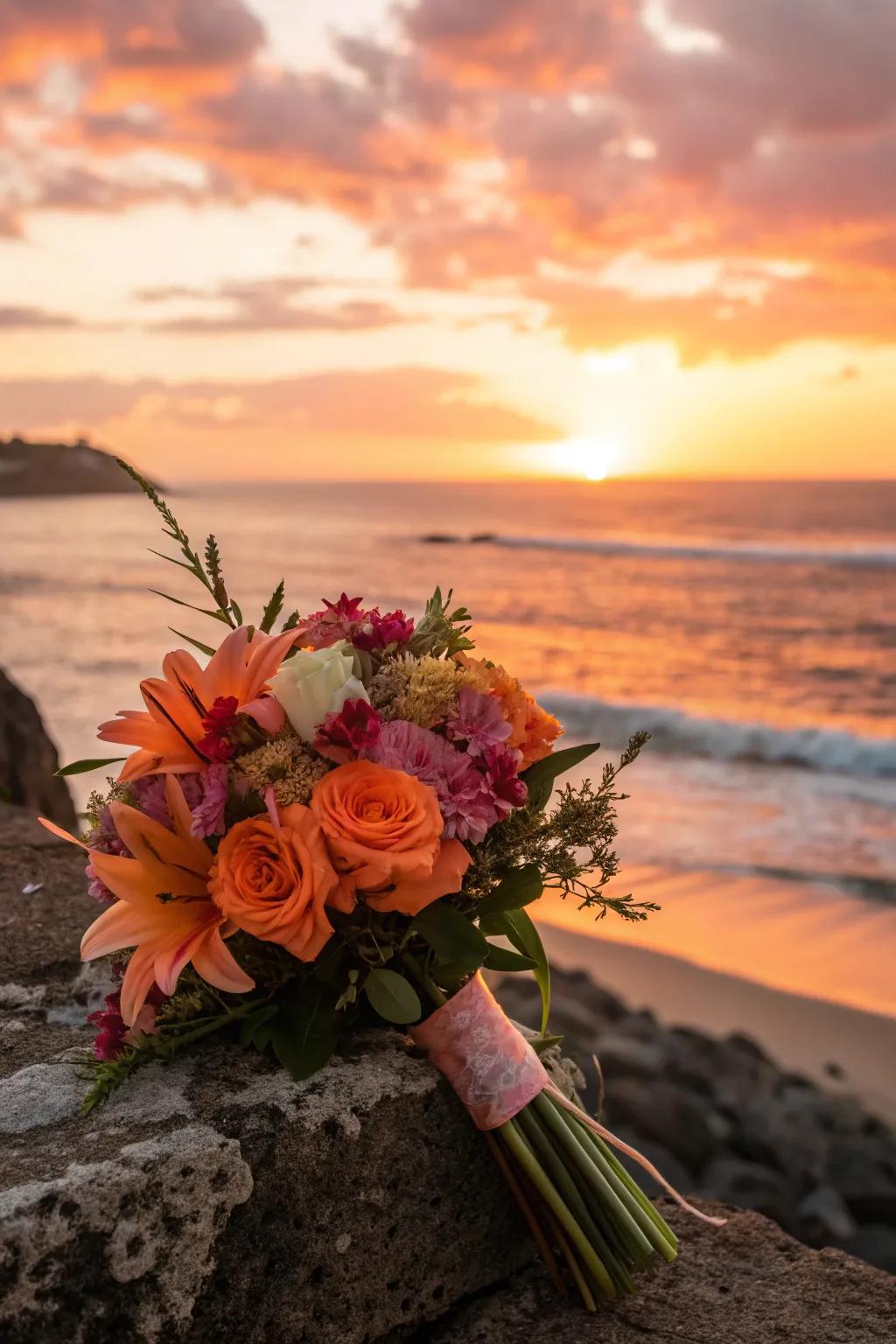 A sunset-colored bouquet reflecting the evening beach ambiance.