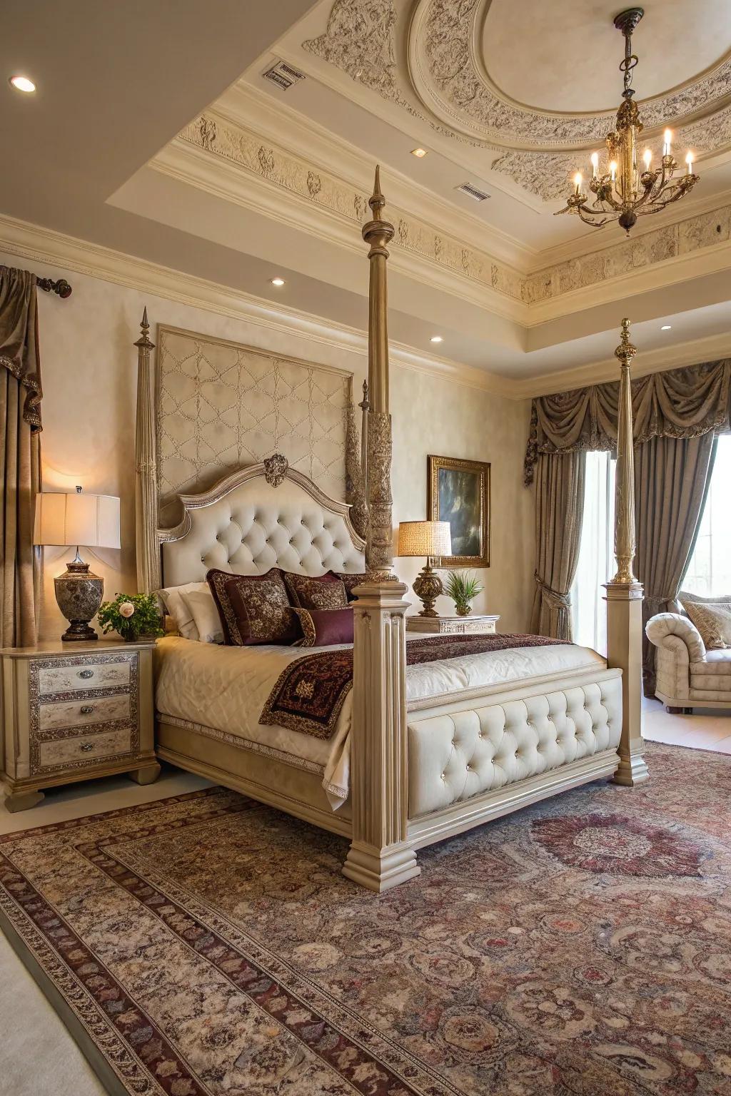 Fabric-covered bedposts add a glamorous, luxurious touch.