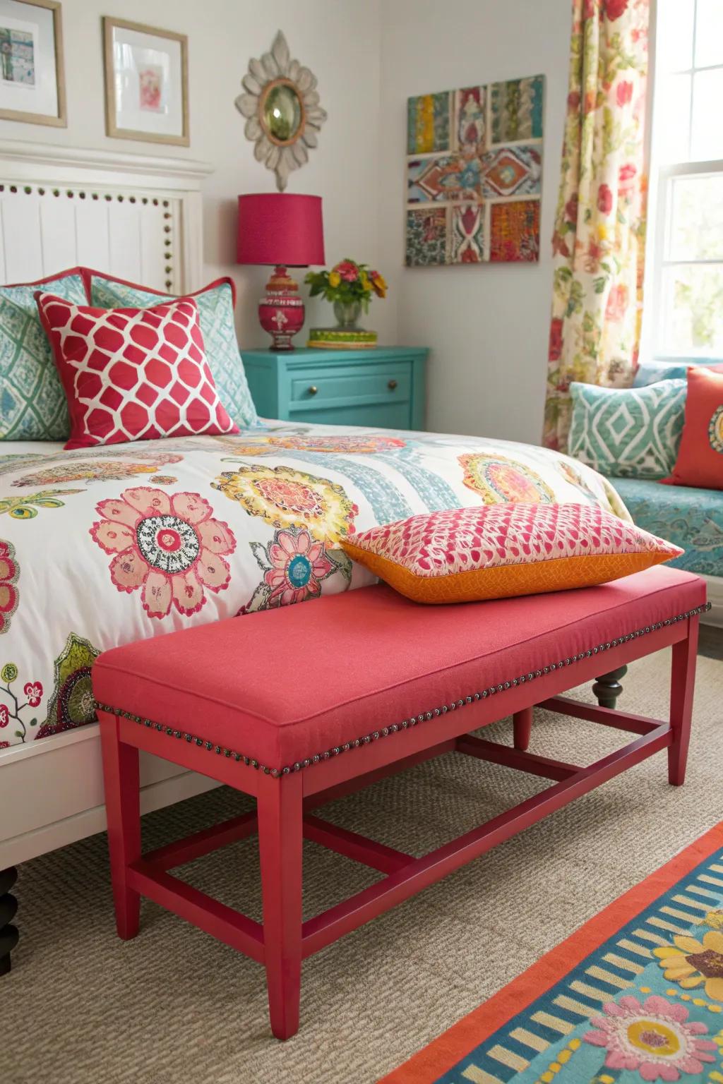 A bold-colored bench adds personality and a focal point to your room.