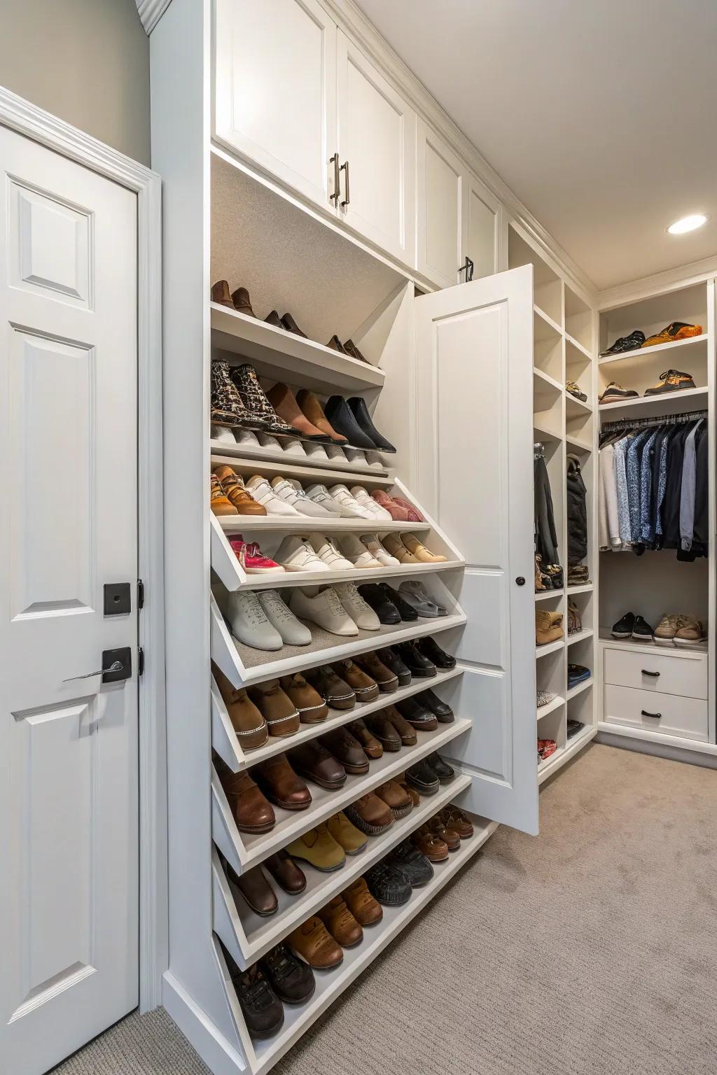 Slanted shoe organizers keep your footwear organized and accessible.