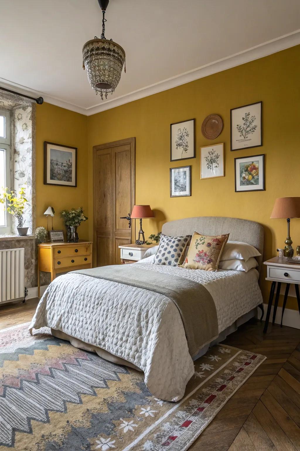 Mild golds introduce a fashionable retro stylishness into your sleeping quarters.