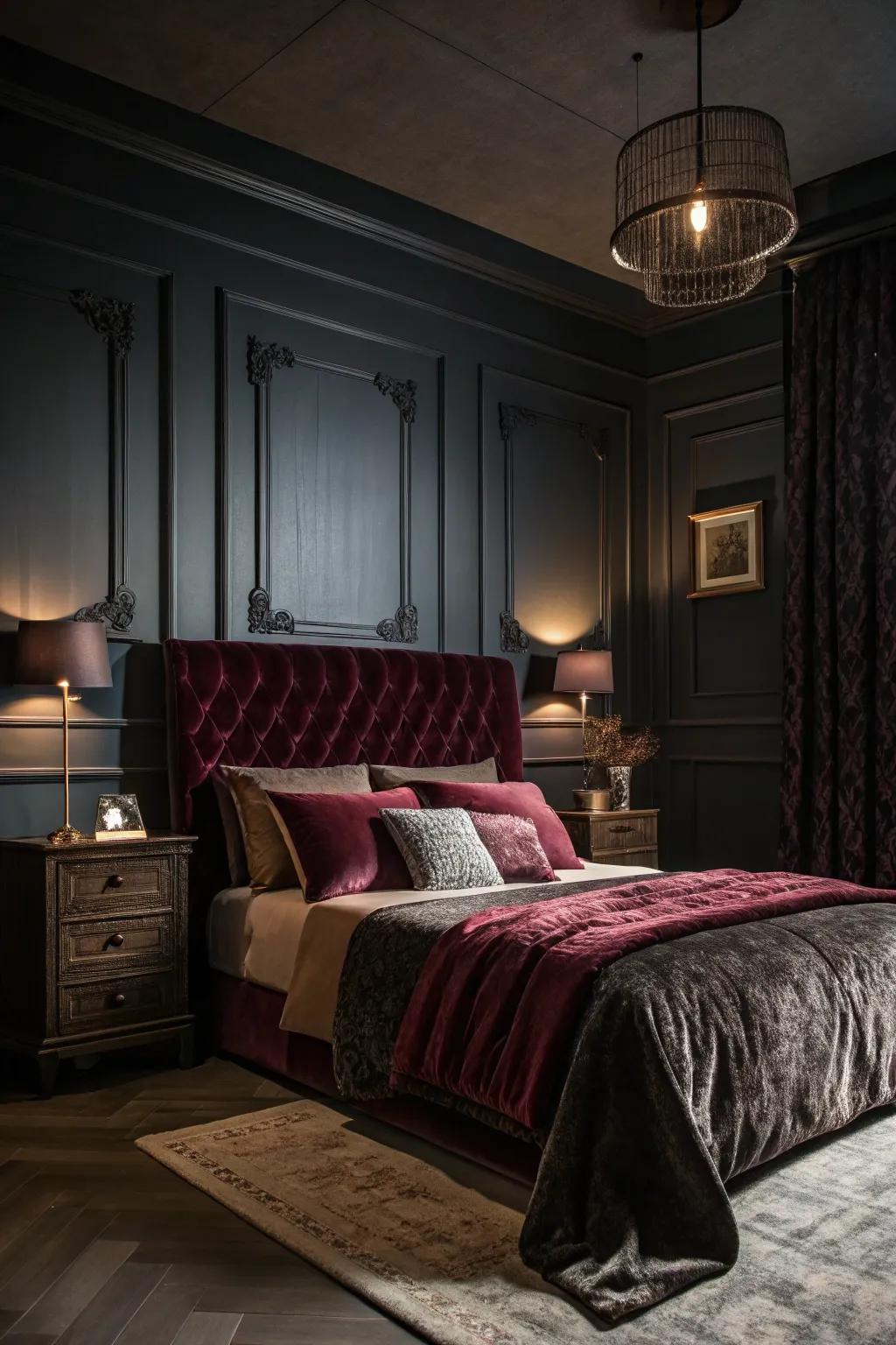 Dark hues and rich textures create a moody and dramatic atmosphere in this bedroom.