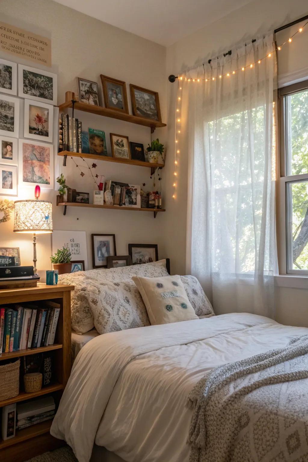 Personal keepsakes fill the space with unique character.