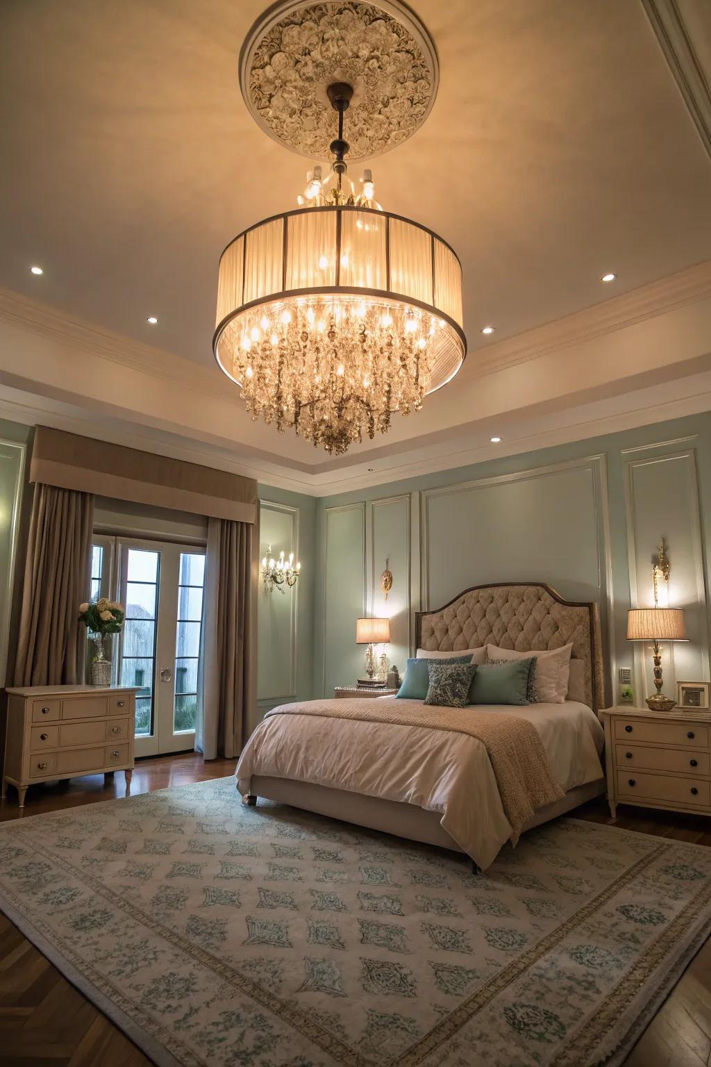 Statement illumination infuses this fashionable bedroom with elegance.