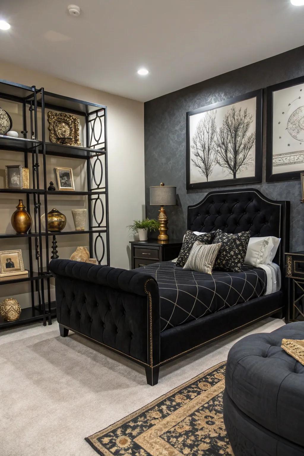 Art pieces inject sophistication and elevate the style of a bedroom showcasing dark furniture.