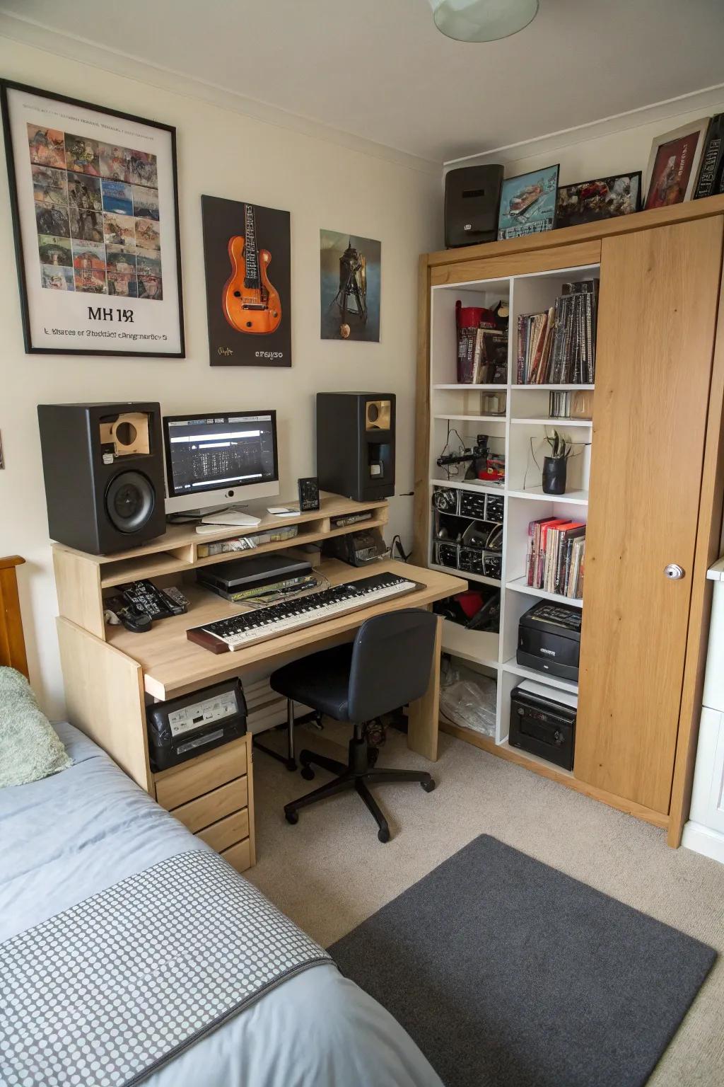 Multi-functional furniture maximizes space in a small music space.