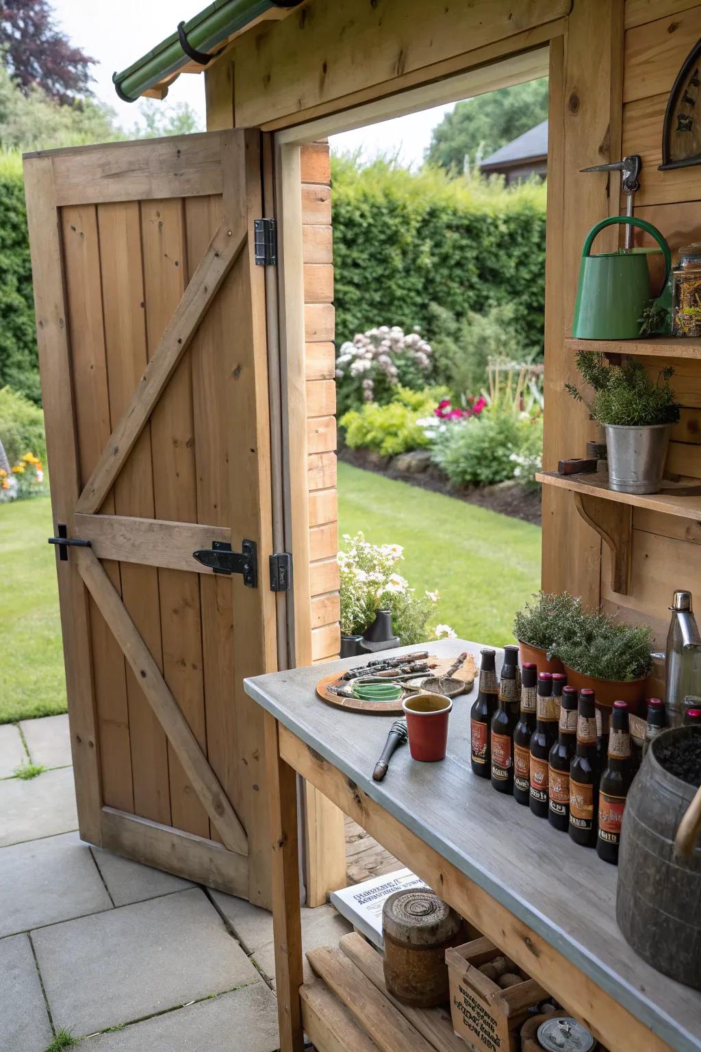 A garden shed with a planting table imaginatively putting away ale bottles.