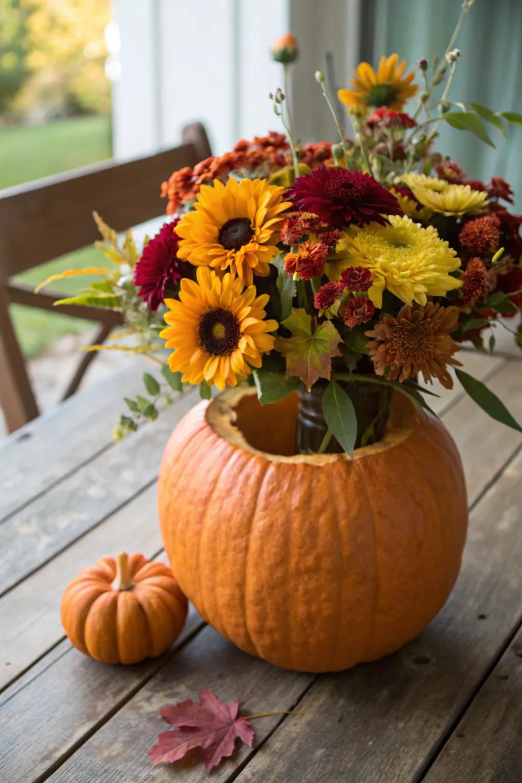 With this inventive pumpkin vase idea, turn your Halloween pumpkin into an amazing fall centerpiece!