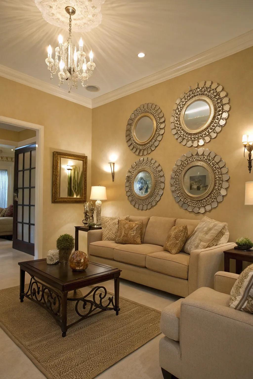 Mirrors enhance space and light in a beige room.