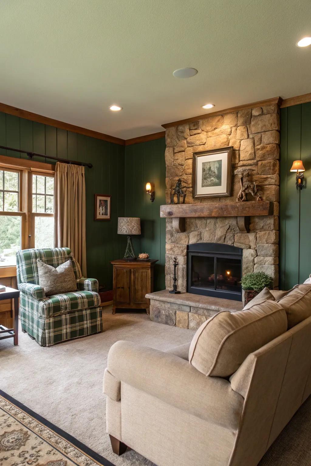 A rustic personal room emphasizing vibrant pinewood green walls.