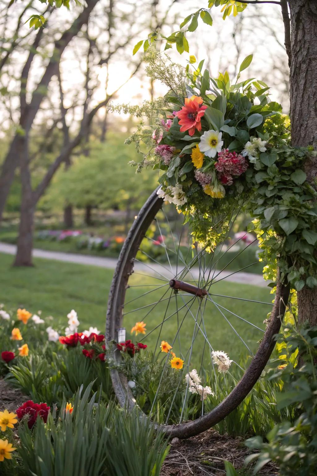 A garden-inspired bicycle wheel wreath with an abundance of flora for a natural look.