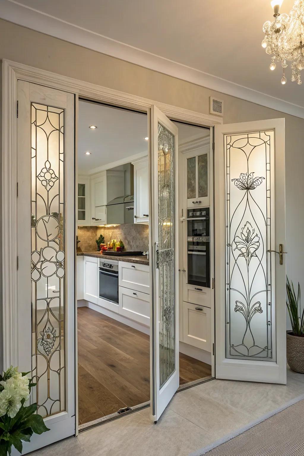 Decorative glass sections add artistic flair to folding doors.