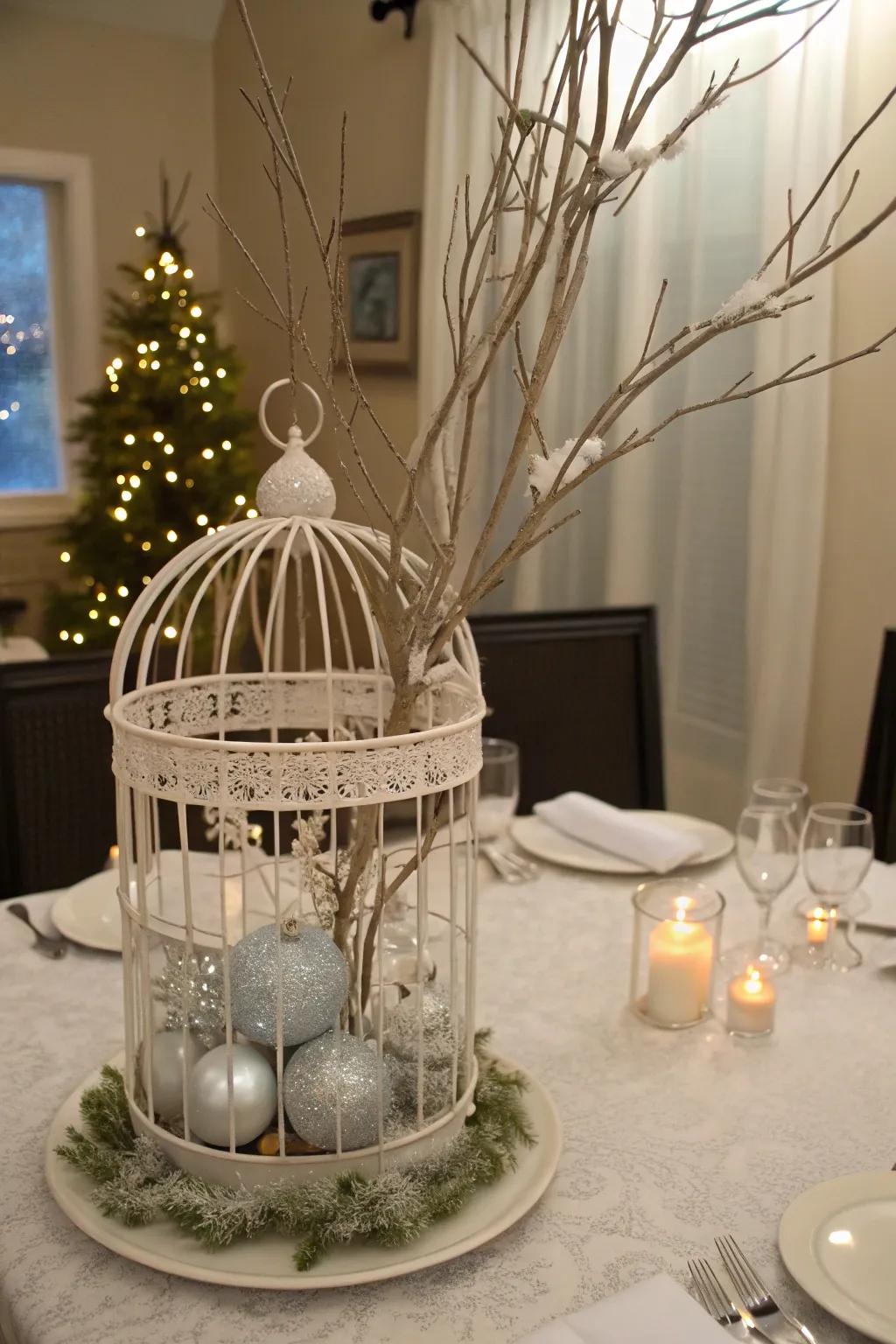 A winter wonderland bird cage centerpiece featuring festive decor.