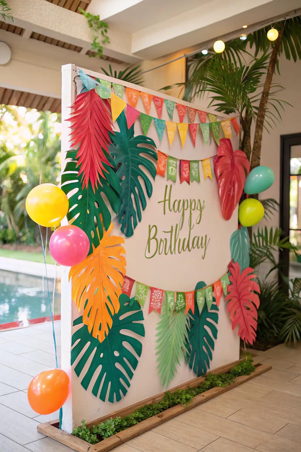Tropical-themed birthday display for a vibrant celebration.