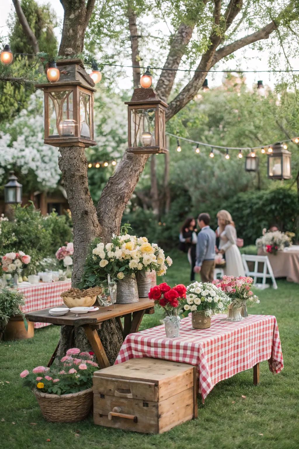 A peaceful garden party configuration featuring rustic decoration and fresh flowers.