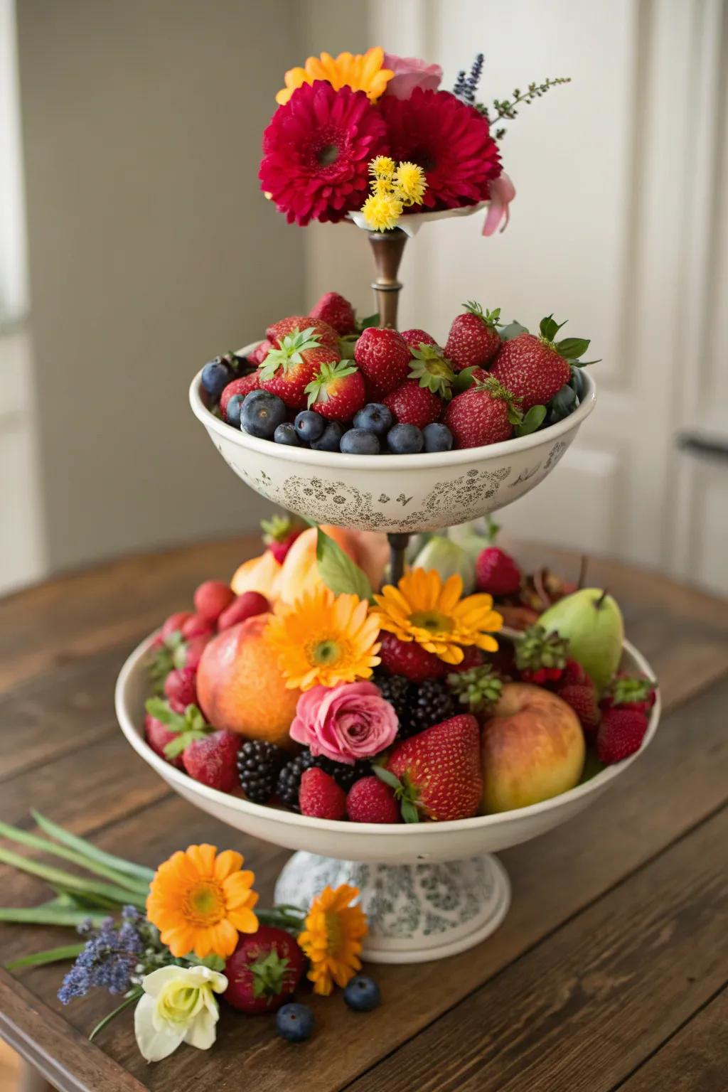 A tiered bowl display adds height and a vibrant burst of color.