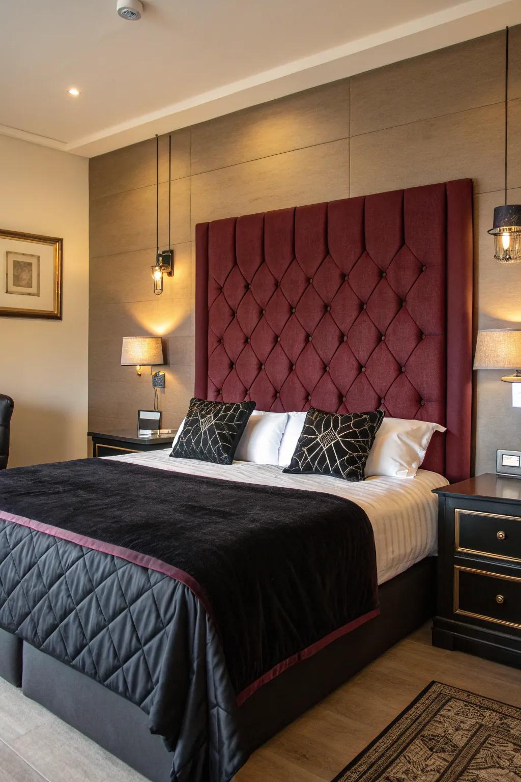 A burgundy stuffed headboard serves as a stunning focal point.