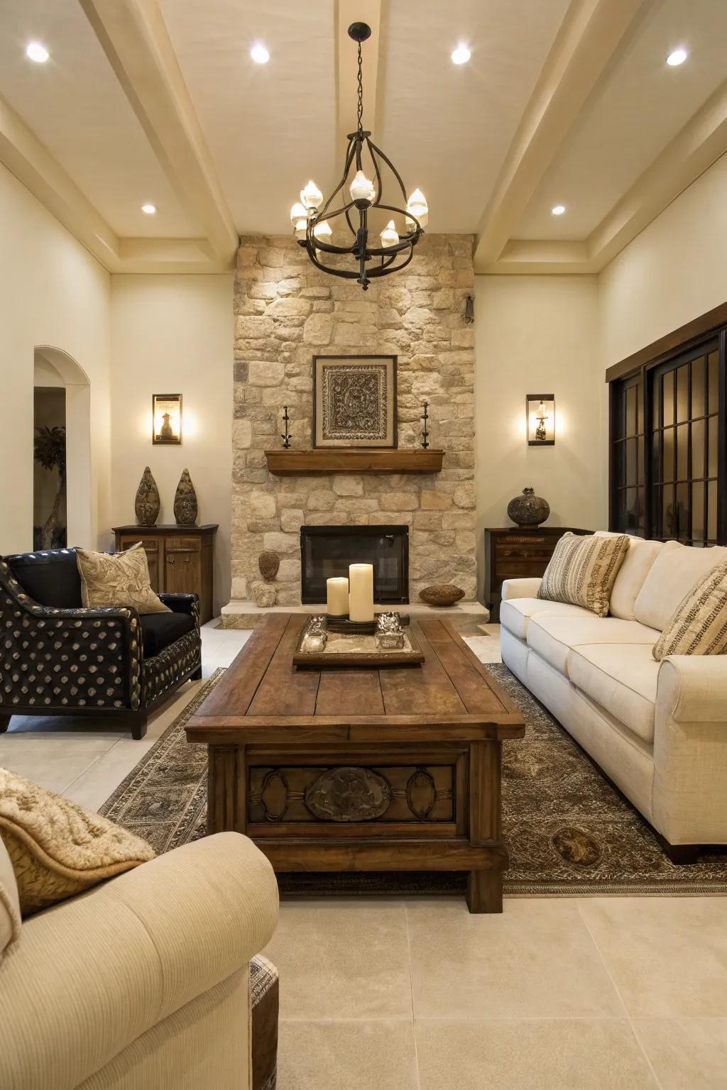 Natural resources like wood and stone add warmth and texture to the decor.