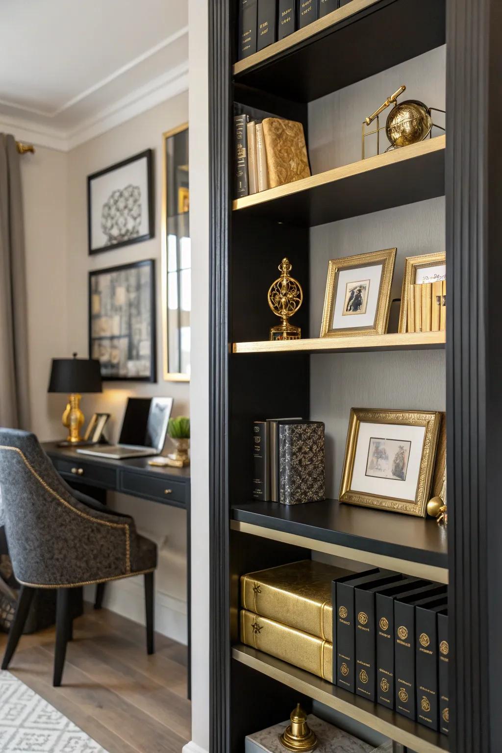 Ebony and gilded styling transforms your bookshelf into an artistic display.