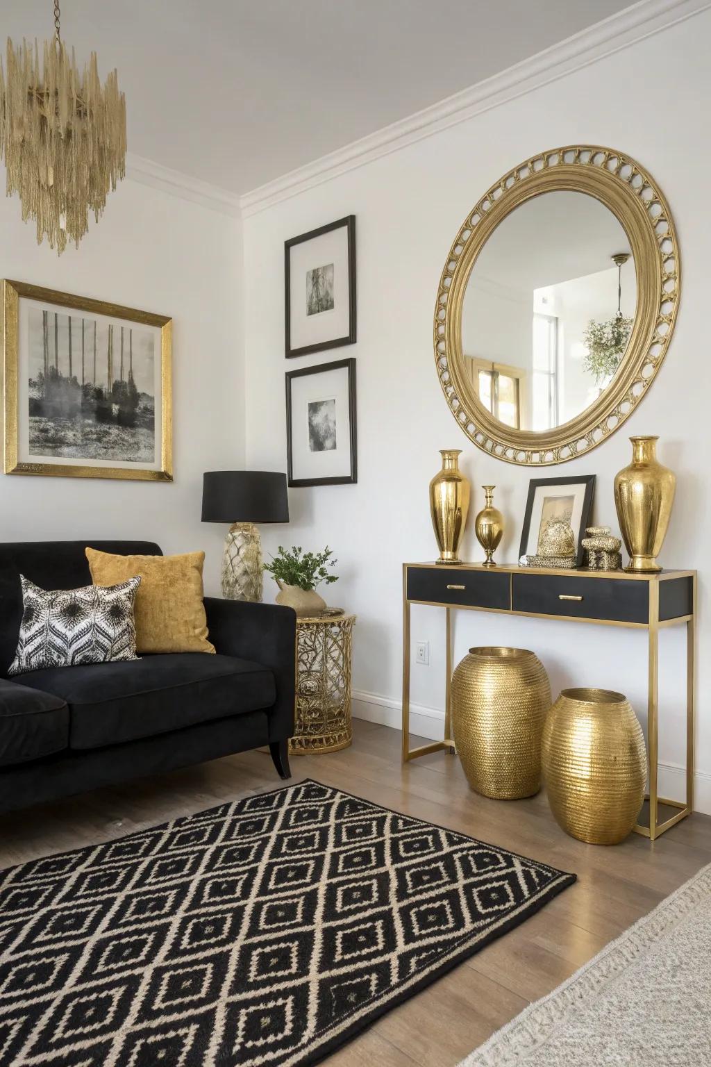Gold metallic accents bringing luxury to a dark and pale living space.
