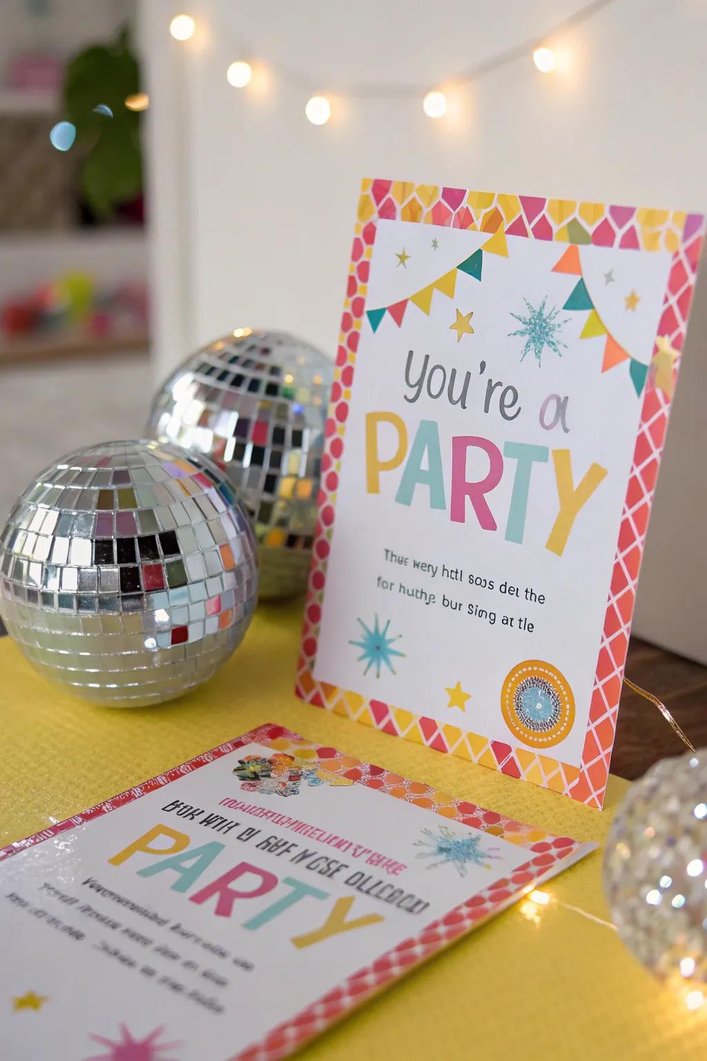 Reflective orb decals bringing a retro vibe to party invites.