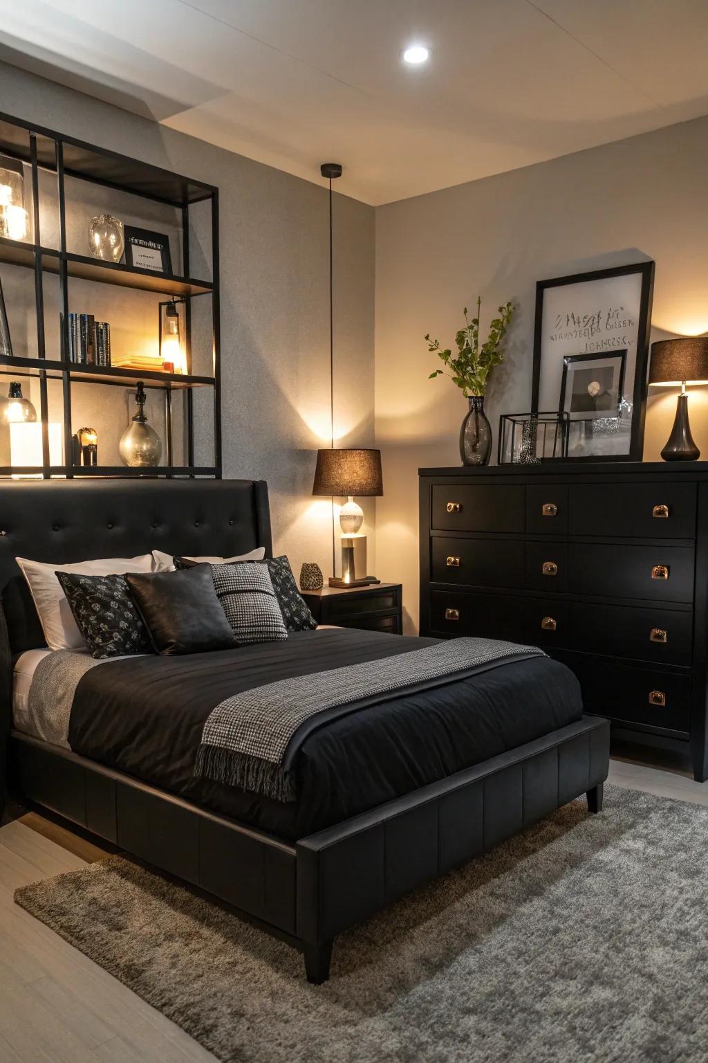 Layered illumination creates a warm and inviting atmosphere in this bedroom.