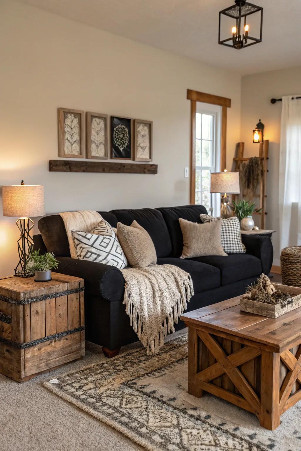 A black couch with modern farmhouse charm.