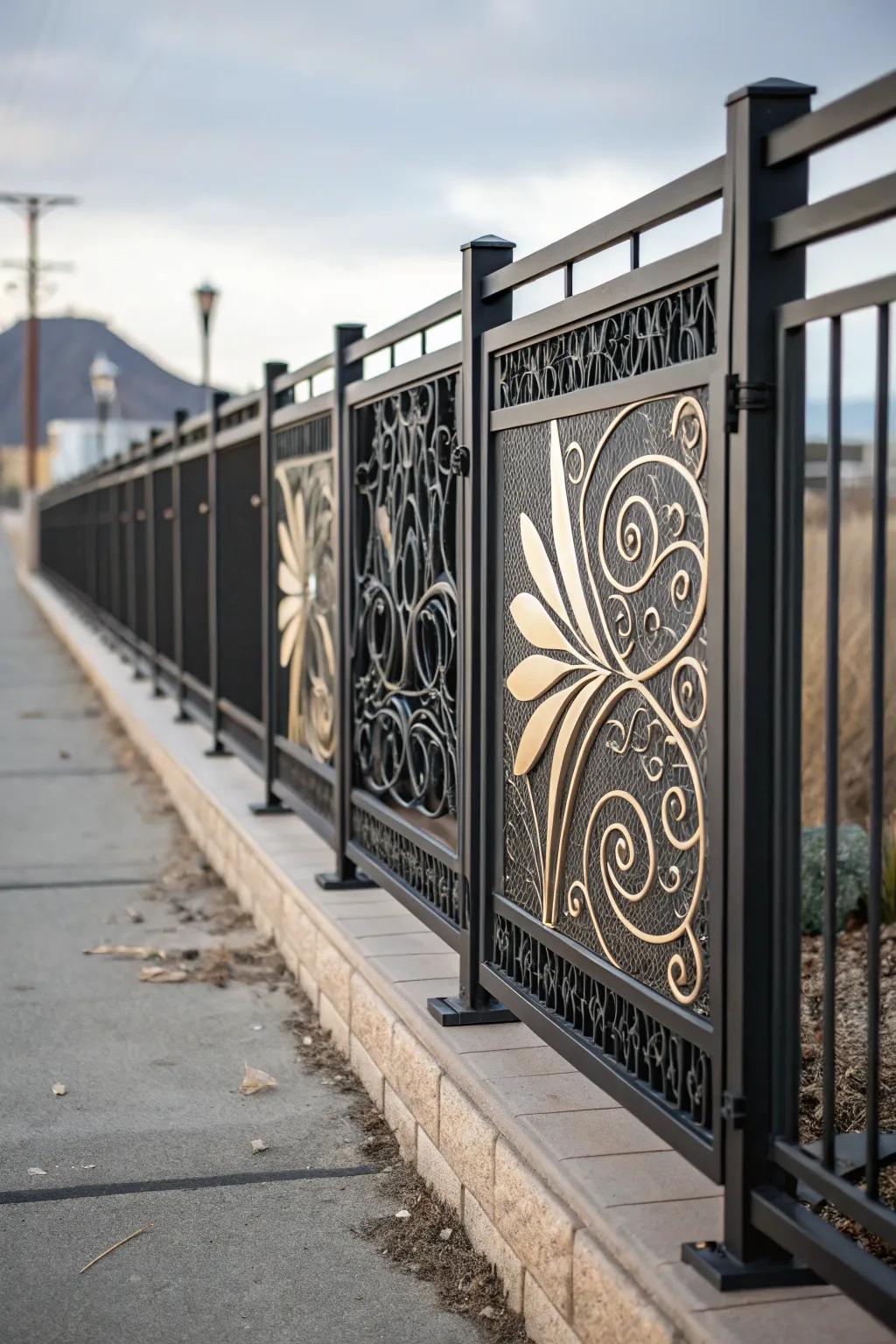 Artistic panels add character and intrigue to a black fence.
