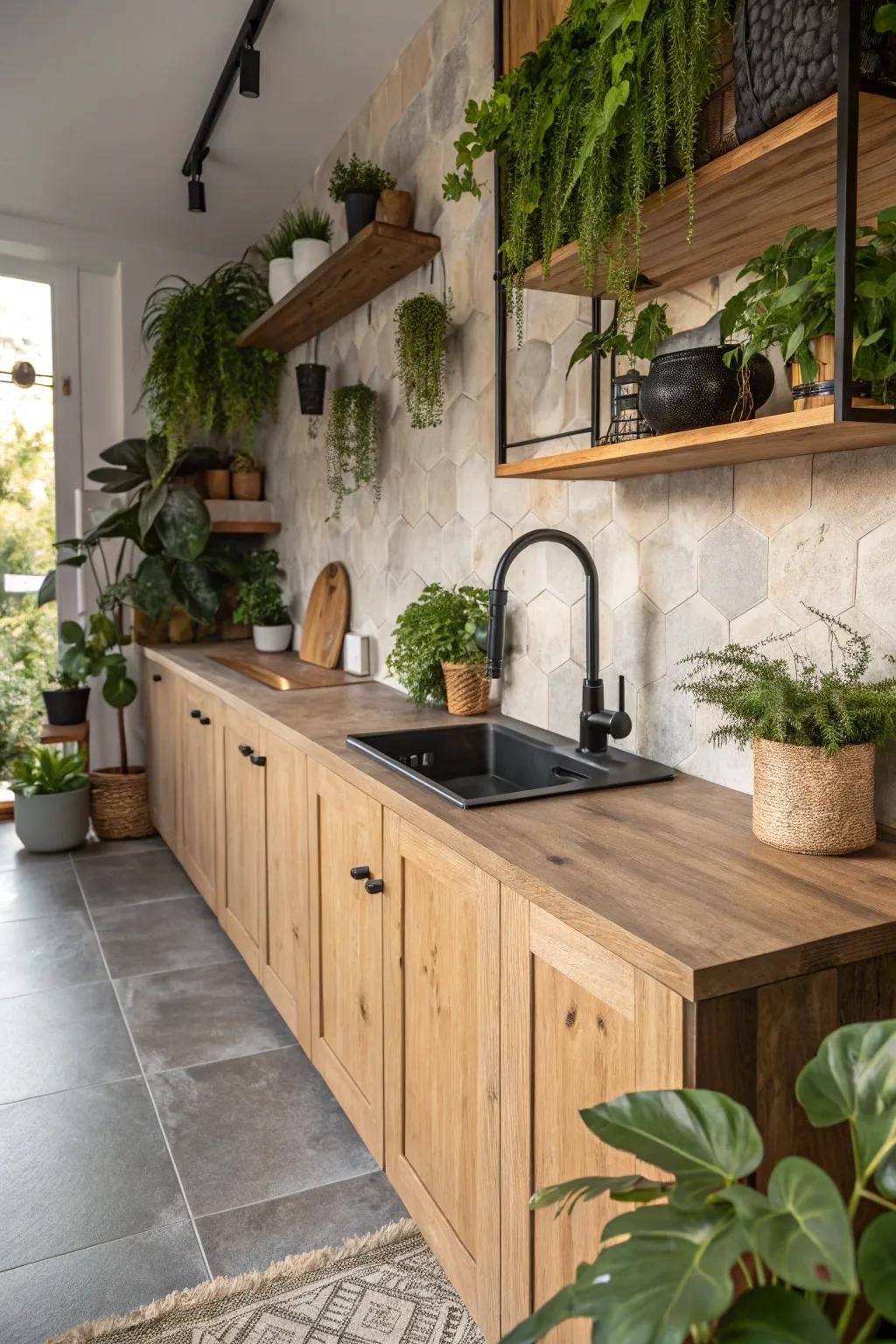 Sustainable style is showcased in this eco-conscious kitchen with a dark toned faucet.