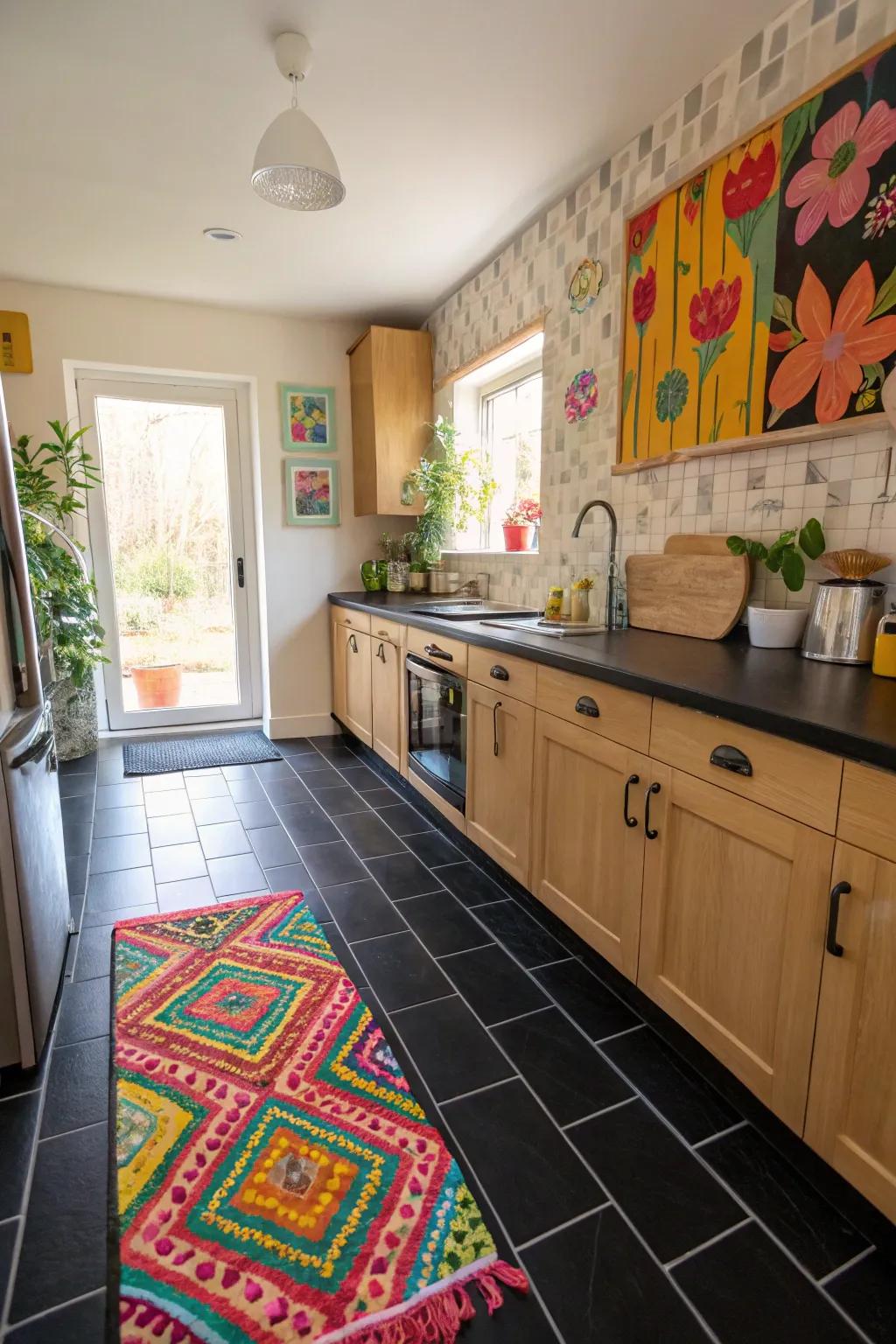 A kitchen where colors make the black floors look better.