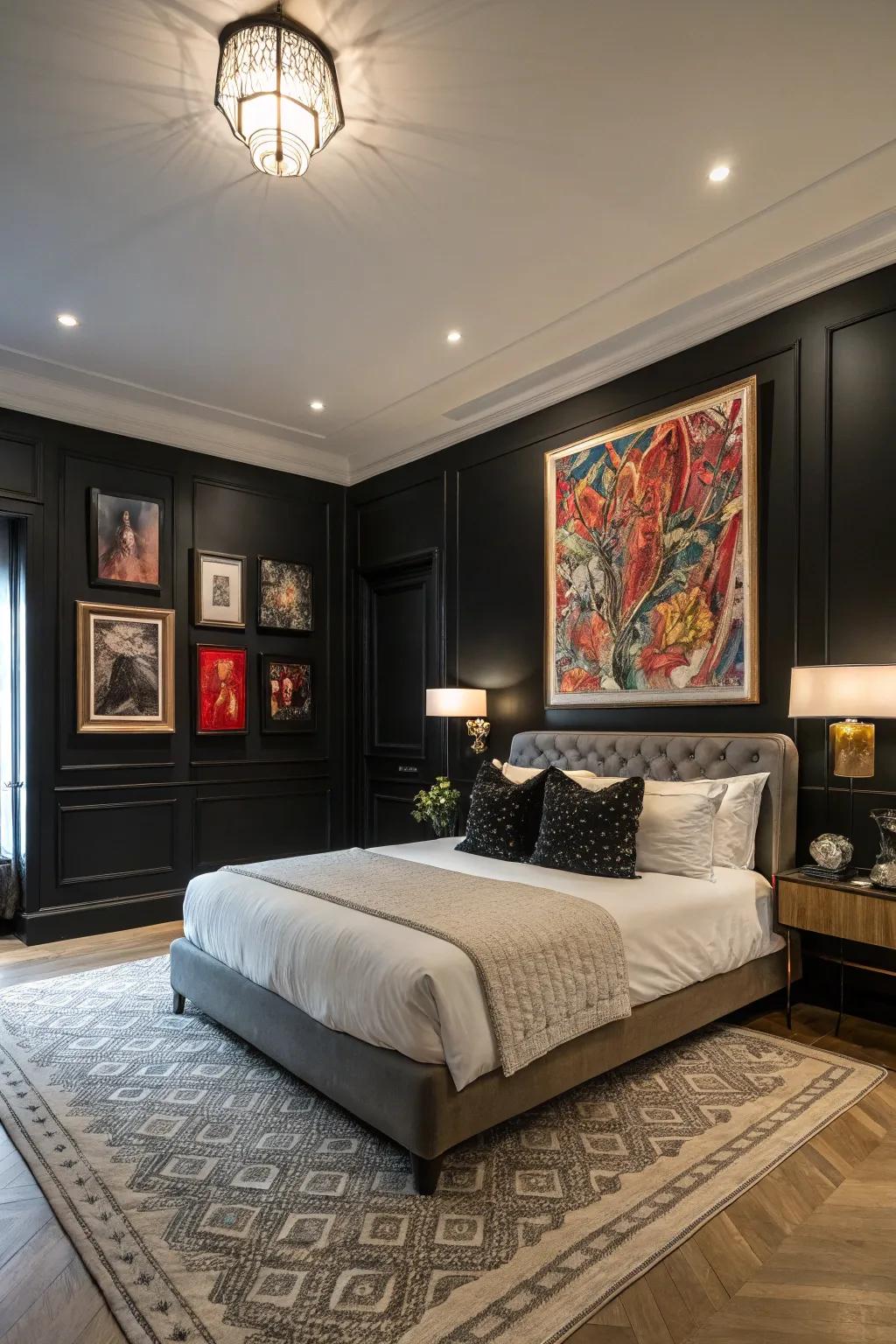 Artwork can add personal flair to your black bedroom.