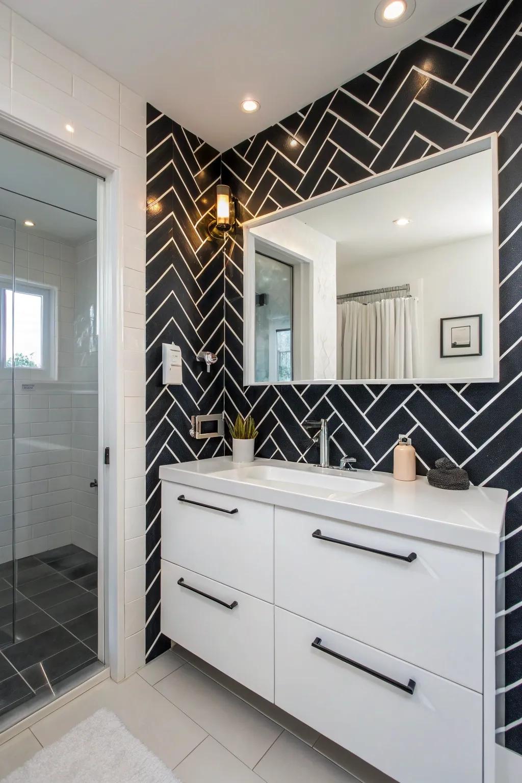 Angled panels in dark create a striking and modern accent wall.