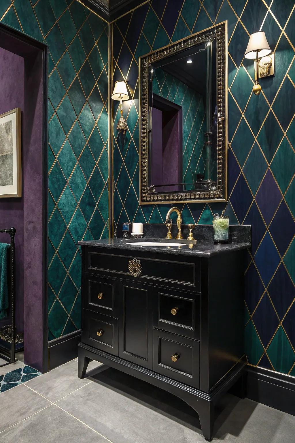 Jewel-toned walls create a dramatic and elegant backdrop for a dark vanity.
