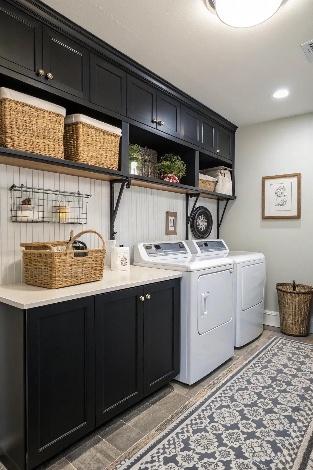 An elegant laundry room featuring black wainscoting.