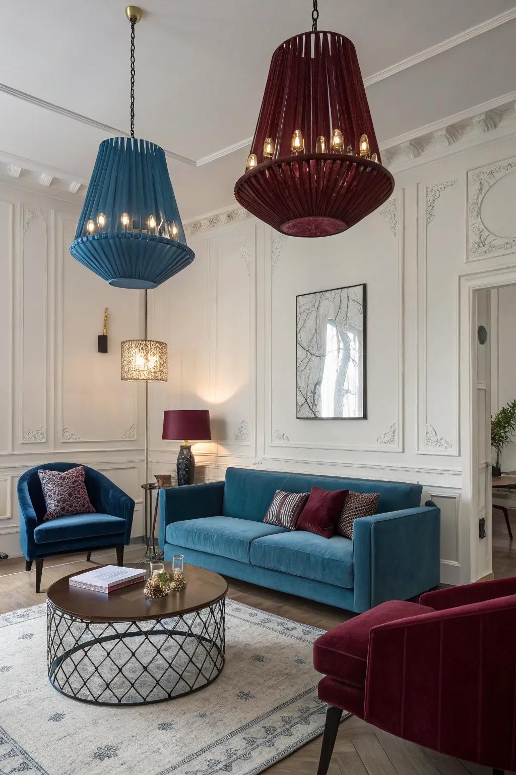 Sapphire and wine lighting fixtures add an unexpected modern twist.