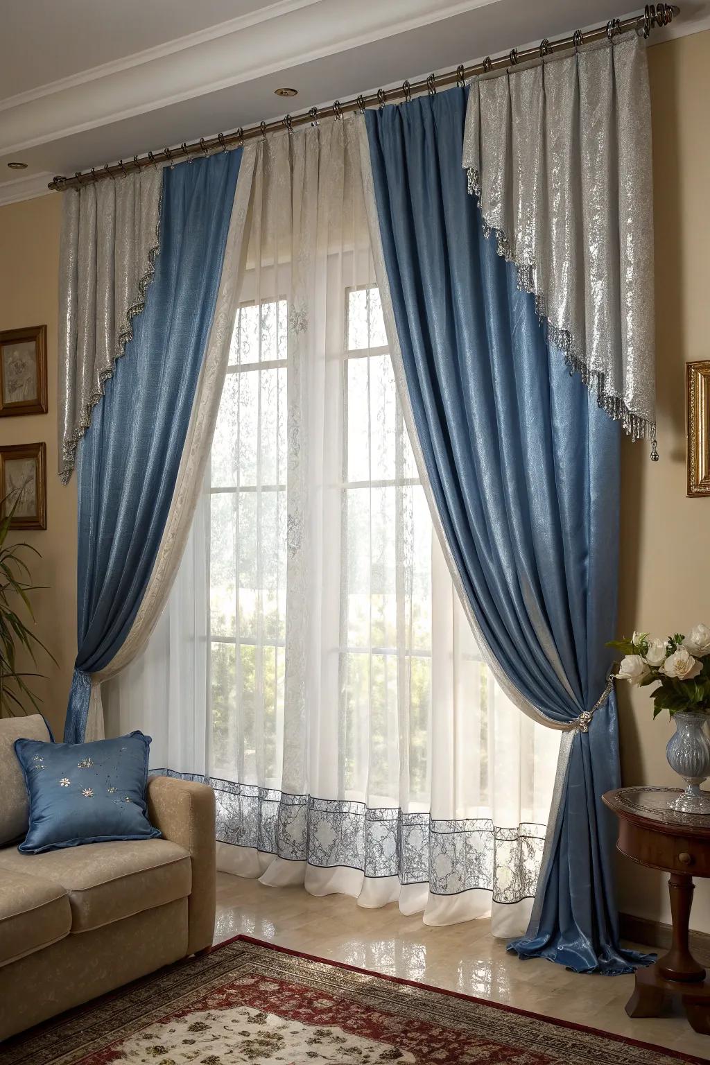 Indigo and silver curtains add height and drama to this elegant living room.