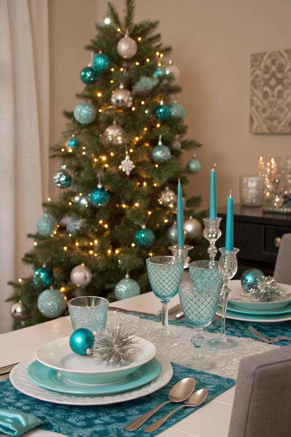 Modern turquoise and silver Christmas decor