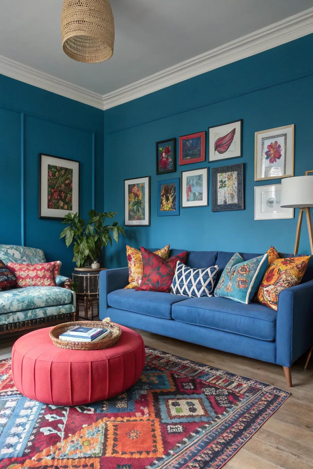 Vibrant contrasting colors highlight the blue tones in this lively living room.
