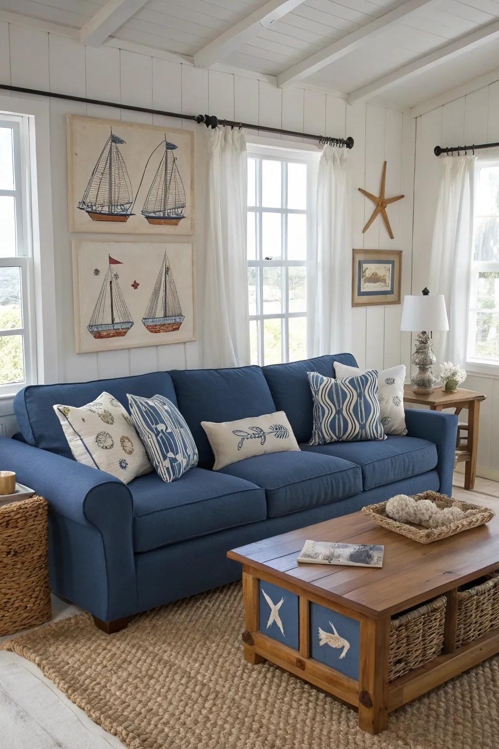 A blue sofa completes a seaside-style living room.
