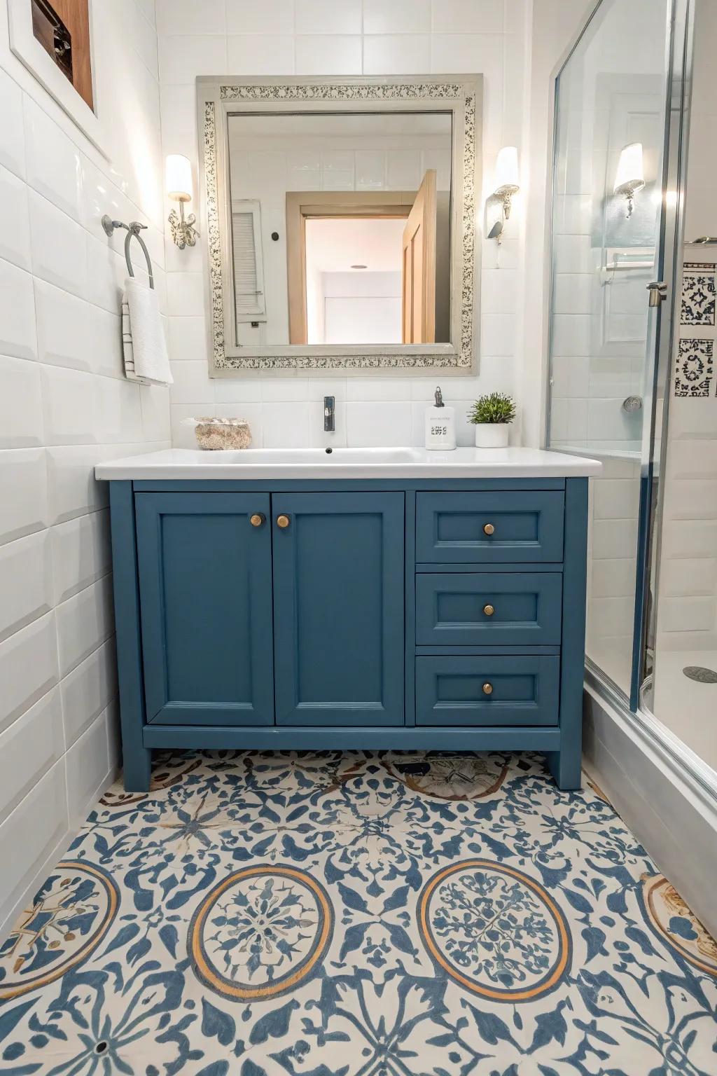 Patterned floors add whimsy and sophistication to a blue sink unit.