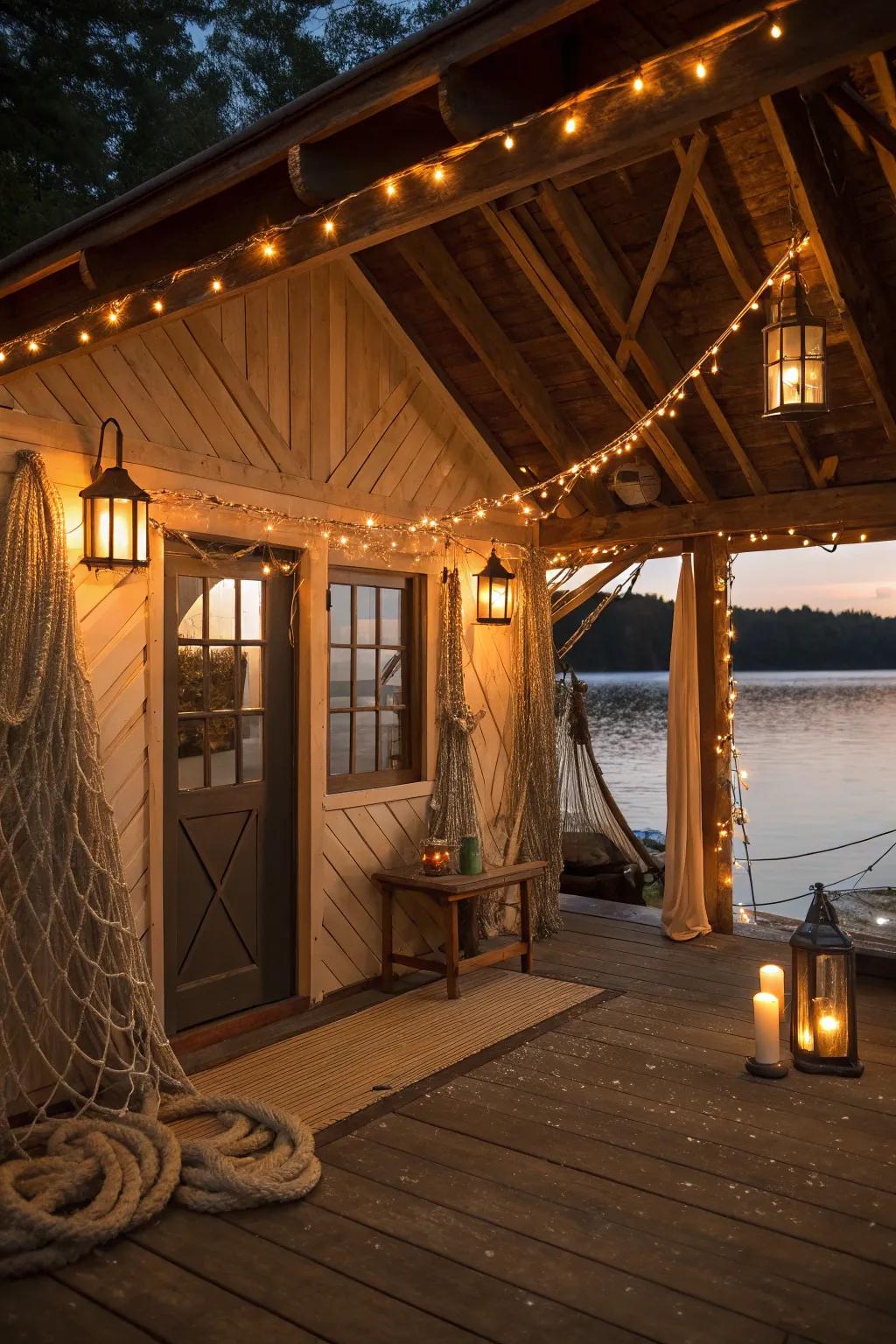 Cord illumination contributes a rustic and maritime charm to the boat house.