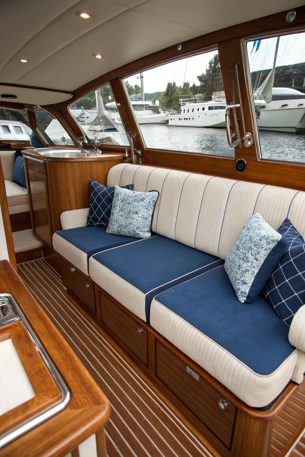Custom upholstery covers add a personal touch to the seating area.